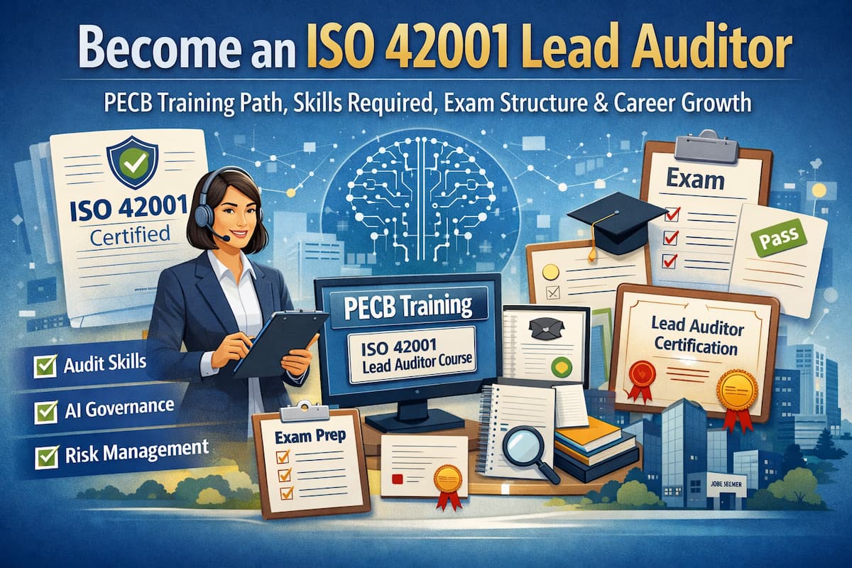 Iso 42001 Lead Auditor Training Path Illustration Showing Pecb Training, Exam Structure, Skills Required And Career Growth