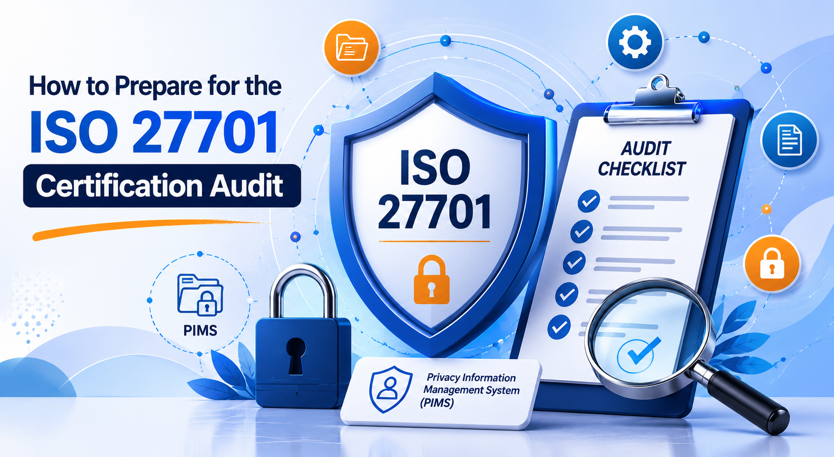 Abstract Illustration Showing Iso 27701 Certification Audit Preparation With Pims Privacy Controls, Audit Checklist, And Compliance Readiness Elements