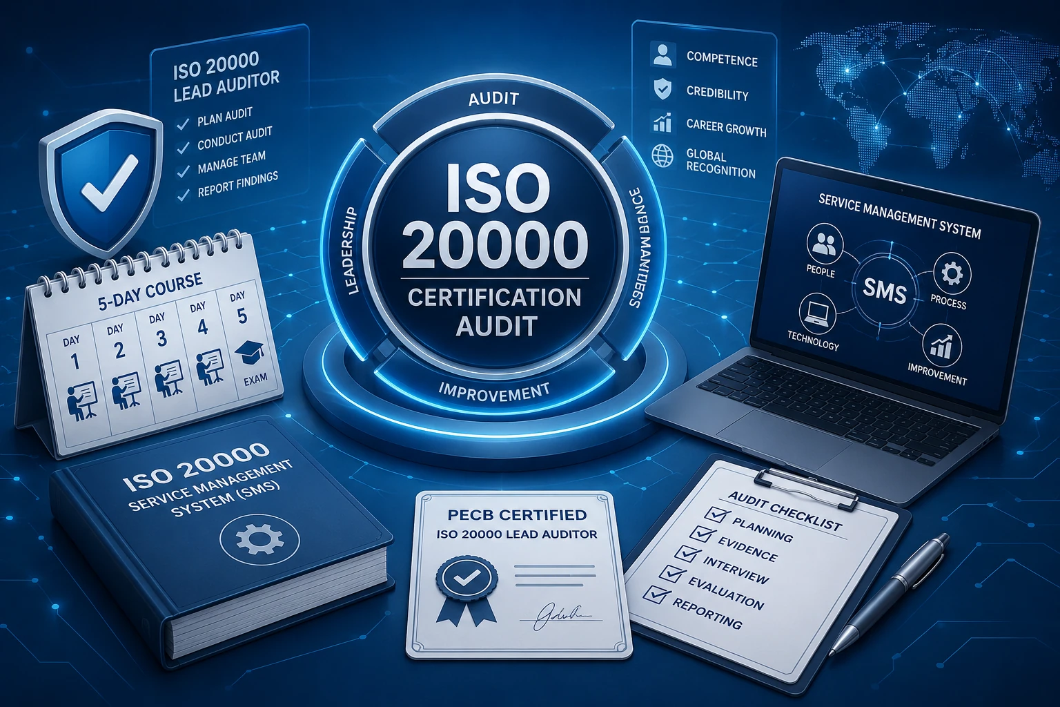 Abstract Illustration Representing An Iso 20000 Certification Audit With Service Management System Concepts, Audit Planning, Compliance, Leadership, And Certification Readiness Using Non-Identifiable Graphical Elements.