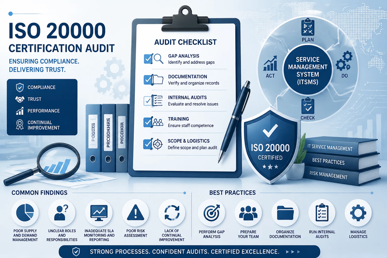 Abstract Illustration Representing Iso 20000 Certification Audit Preparation With Audit Checklist, It Service Management System Concepts, Compliance Verification, Continual Improvement, And Certification Readiness Using Non-Identifiable Graphical Elements.