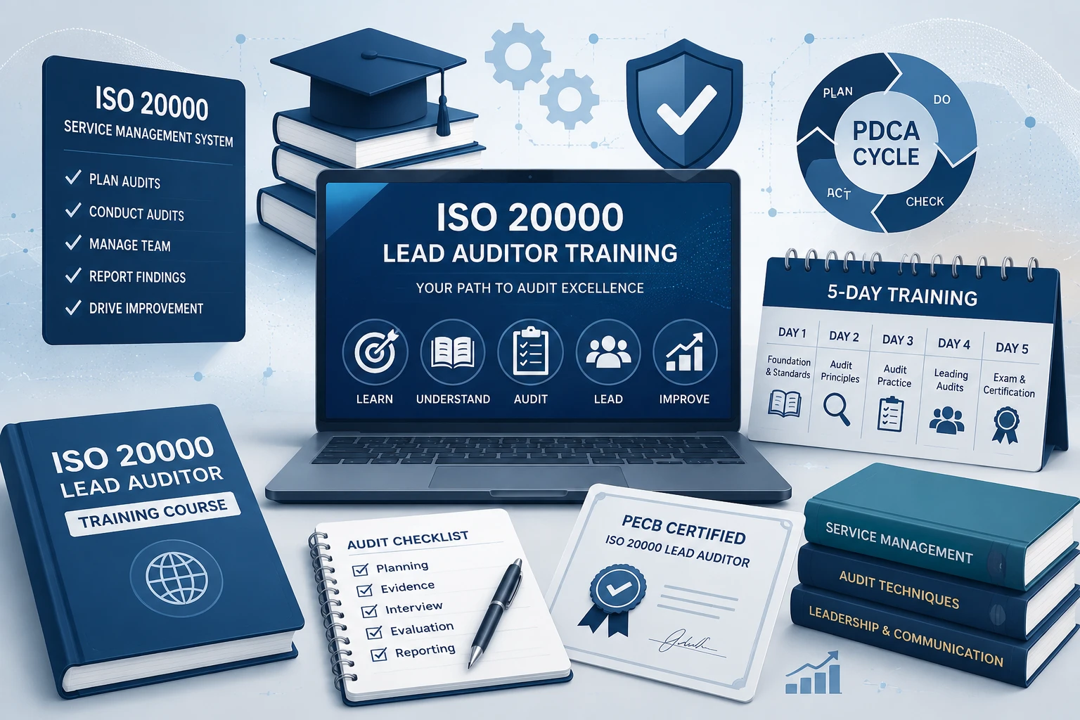 Abstract Illustration Representing Iso 20000 Lead Auditor Training With Service Management Concepts, Audit Planning, Certification Preparation, Five-Day Training, And Continual Improvement Using Non-Identifiable Graphical Elements.